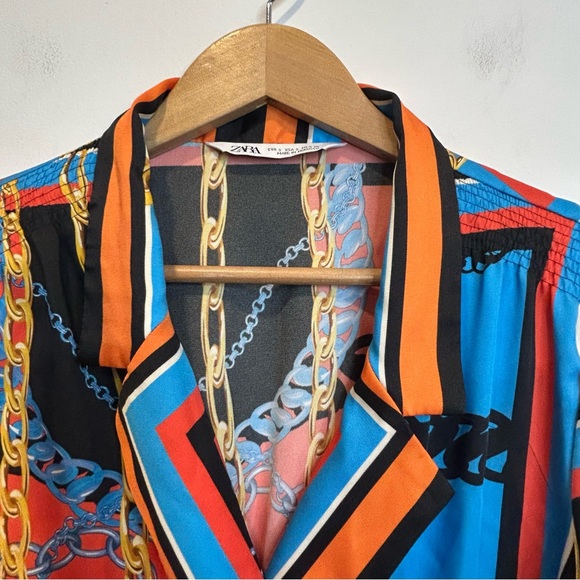 Zara Blogger Fav Chain Print Scarf Print Long Sleeve Midi Shirt Dress Orange - Picture 8 of 13